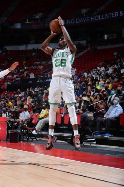 Aaron Nesmith of the Boston Celtics shoots the ball against the Sacramento Kings during the 2021 Las Vegas Summer League Championship Game on August...