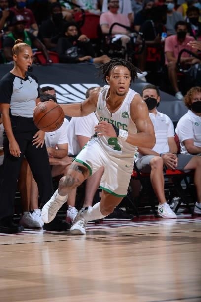 Carsen Edwards of the Boston Celtics dribbles the ball against the Sacramento Kings during the 2021 Las Vegas Summer League Championship Game on...