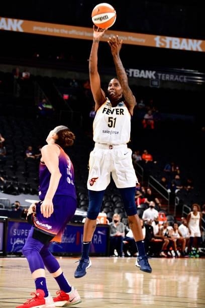Jessica Breland of the Indiana Fever shoots the ball during the game against the Phoenix Mercury on August 17, 2021 at Footprint Center in Phoenix,...