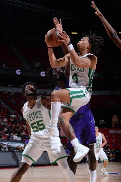 Carsen Edwards of the Boston Celtics drives to the basket against the Sacramento Kings during the 2021 Las Vegas Summer League Championship Game on...