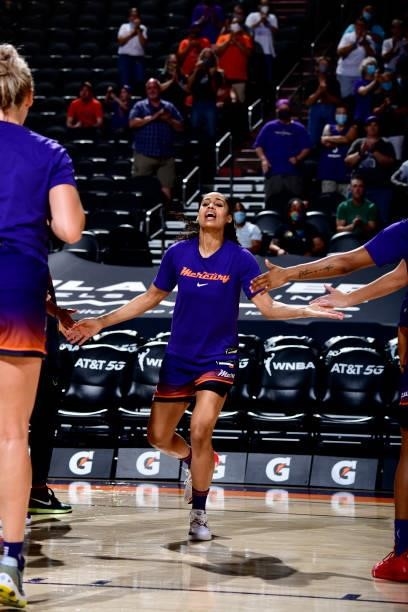 Skylar Diggins-Smith of the Phoenix Mercury is introduced before the game against the Indiana Fever on August 17, 2021 at Footprint Center in...