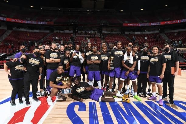 The Sacramento Kings Summer League Team poses for a photo after winning the 2021 Las Vegas Summer League Championship Game on August 17, 2021 at the...