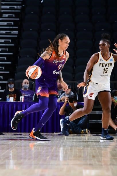 Brittney Griner of the Phoenix Mercury handles the ball during the game against the Indiana Fever on August 17, 2021 at Footprint Center in Phoenix,...