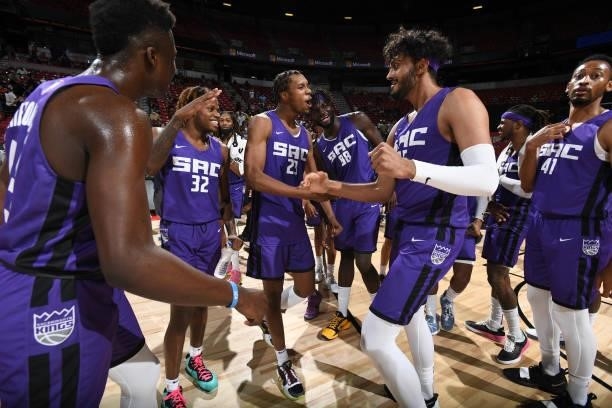 Louis King and Princepal Singh of the Sacramento Kings cleebrate after winning the 2021 Las Vegas Summer League Championship Game on August 17, 2021...