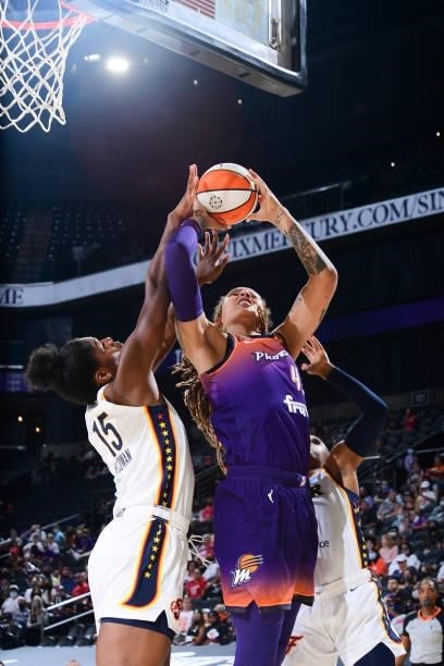 Brittney Griner of the Phoenix Mercury drives to the basket during the game against the Indiana Fever on August 17, 2021 at Footprint Center in...