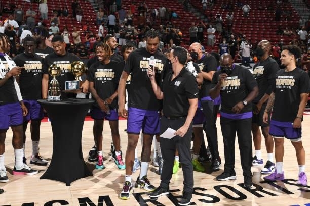 Reporter, Jorge Sedano interviews Louis King of the Sacramento Kings after winning the 2021 Las Vegas Summer League Championship Game on August 17,...