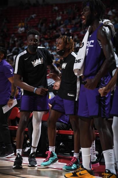 Neemias Queta and DJ Steward of the Sacramento Kings celebrate during the 2021 Las Vegas Summer League Championship Game on August 17, 2021 at the...