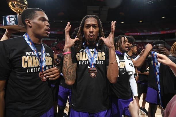 Emanuel Terry of the Sacramento Kings celebrates after winning the 2021 Las Vegas Summer League Championship Game on August 17, 2021 at the Thomas &...