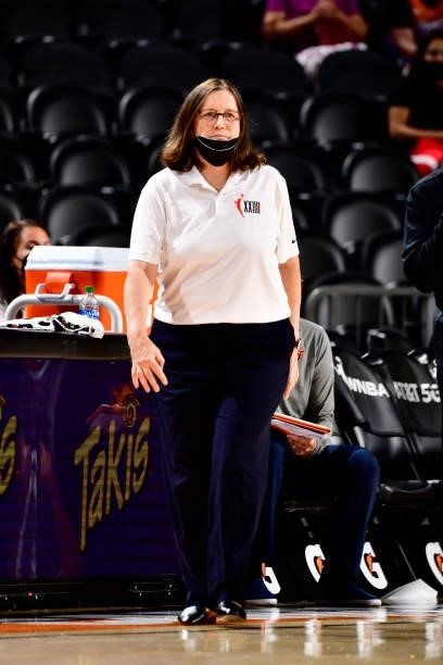 Head Coach Marianne Stanley of the Indiana Fever looks on during the game against the Phoenix Mercury on August 17, 2021 at Footprint Center in...