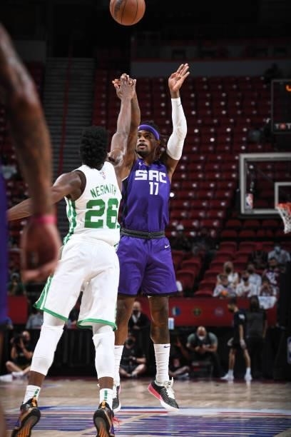 Ade Murkey of the Sacramento Kings shoots a three point basket against the Boston Celtics during the 2021 Las Vegas Summer League Championship Game...