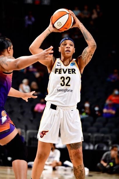 Emma Cannon of Indiana Fever handles the ball during the game against the Phoenix Mercury on August 17, 2021 at Footprint Center in Phoenix, Arizona....