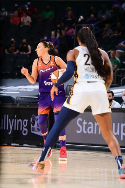 Diana Taurasi of the Phoenix Mercury handles the ball during the game against the Indiana Fever on August 17, 2021 at Footprint Center in Phoenix,...