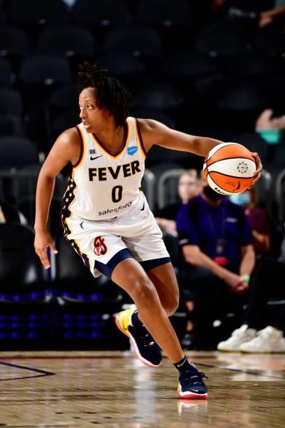 Kelsey Mitchell of the Indiana Fever handles the ball during the game against the Phoenix Mercury on August 17, 2021 at Footprint Center in Phoenix,...