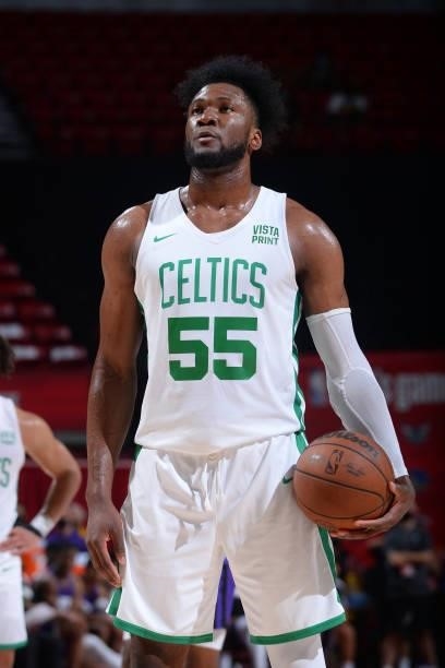 Bruno Fernando of the Boston Celtics shoots a free throw against the Sacramento Kings during the 2021 Las Vegas Summer League Championship Game on...