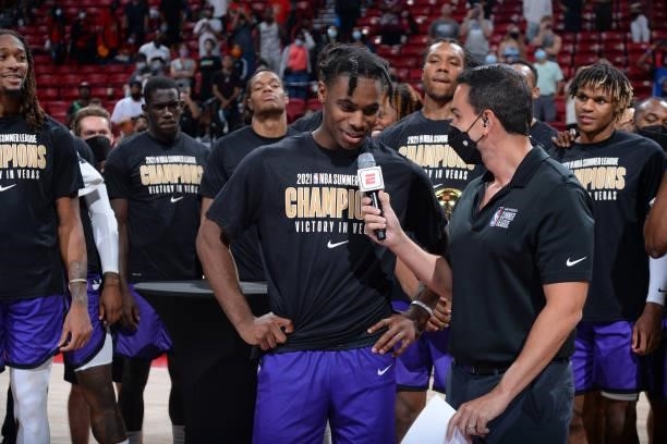 Davion Mitchell of the Sacramento Kings is interviewed after winning the MGM Resorts 2021 Summer League Championship Trophy after the 2021 Las Vegas...