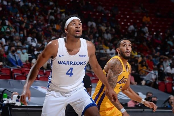 Moses Moody of the Golden State Warriors looks up during the game against the Los Angeles Lakers during the 2021 Las Vegas Summer League on August...