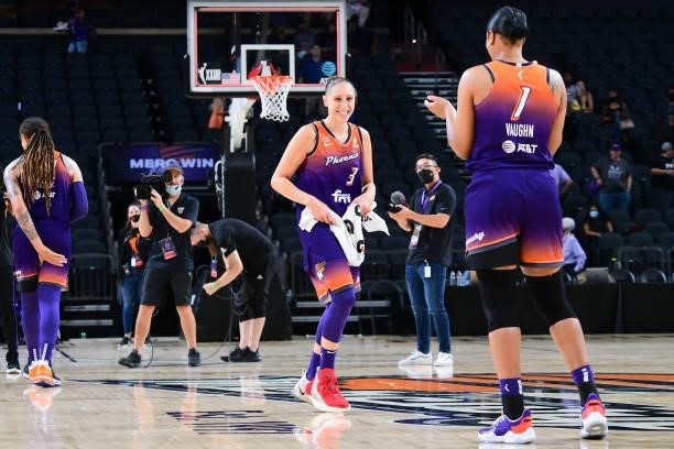 Diana Taurasi of the Phoenix Mercury smiles after the game against the Indiana Fever on August 17, 2021 at Footprint Center in Phoenix, Arizona. NOTE...