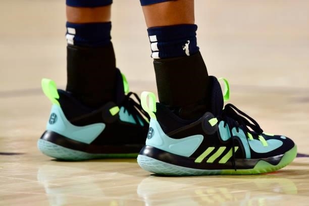 The sneakers of Danielle Robinson of the Indiana Fever during the game against the Phoenix Mercury on August 17, 2021 at Footprint Center in Phoenix,...