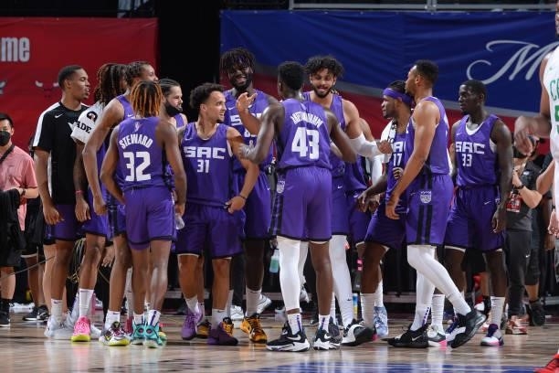 The Sacramento Kings celebrate after the game against the Boston Celtics during the 2021 Las Vegas Summer League Championship Game on August 17, 2021...