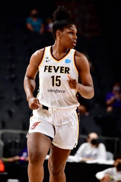 Teaira McCowan of the Indiana Fever looks on during the game against the Phoenix Mercury on August 17, 2021 at Footprint Center in Phoenix, Arizona....