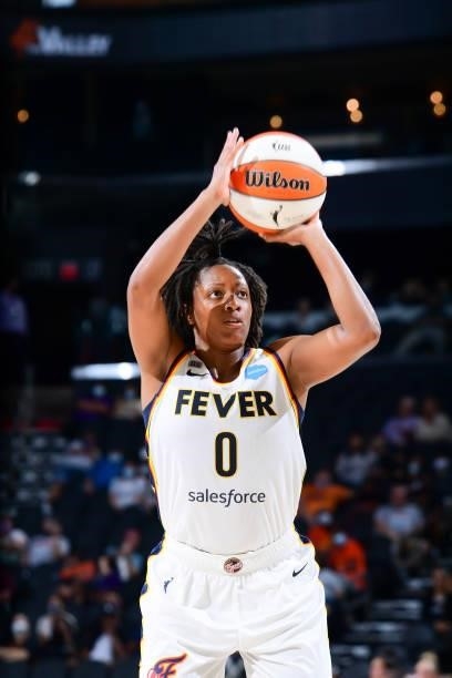 Kelsey Mitchell of the Indiana Fever shoots a free throw during the game against the Phoenix Mercury on August 17, 2021 at Footprint Center in...