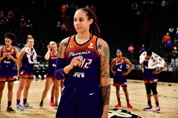 Brittney Griner of the Phoenix Mercury looks on after the game against the Indiana Fever on August 17, 2021 at Footprint Center in Phoenix, Arizona....