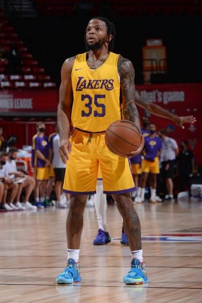 Zavier Simpson of the Los Angeles Lakers shoots a free throw against the Golden State Warriors during the 2021 Las Vegas Summer League on August 17,...