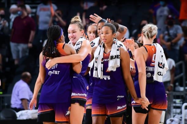 Alanna Smith of the Phoenix Mercury hugs Shey Peddy of the Phoenix Mercury after the game against the Indiana Fever on August 17, 2021 at Footprint...