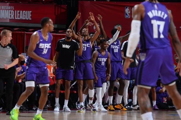The Sacramento Kings celebrate during the game against the Boston Celtics during the 2021 Las Vegas Summer League Championship Game on August 17,...