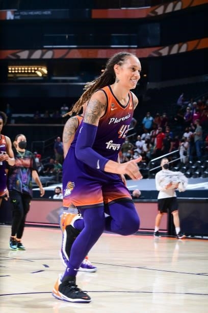 Brittney Griner of the Phoenix Mercury smiles after the game against the Indiana Fever on August 17, 2021 at Footprint Center in Phoenix, Arizona....