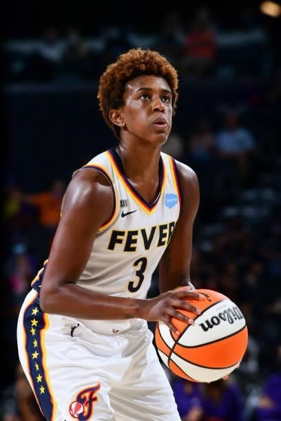 Danielle Robinson of the Indiana Fever shoots a free throw during the game against the Phoenix Mercury on August 17, 2021 at Footprint Center in...