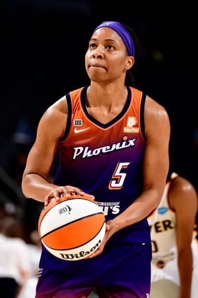 Shey Peddy of the Phoenix Mercury looks on during the game against the Indiana Fever on August 17, 2021 at Footprint Center in Phoenix, Arizona. NOTE...