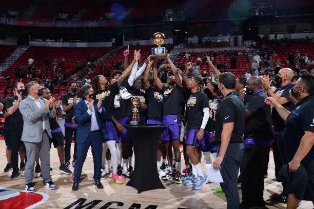 The Sacramento Kings celebrate winning the MGM Resorts 2021 Summer League Championship Trophy after the 2021 Las Vegas Summer League Championship...