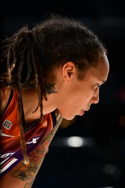 Brittney Griner of the Phoenix Mercury looks on during the game against the Indiana Fever on August 17, 2021 at Footprint Center in Phoenix, Arizona....