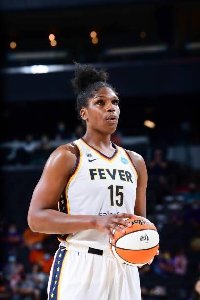 Teaira McCowan of the Indiana Fever shoots a free throw during the game against the Phoenix Mercury on August 17, 2021 at Footprint Center in...