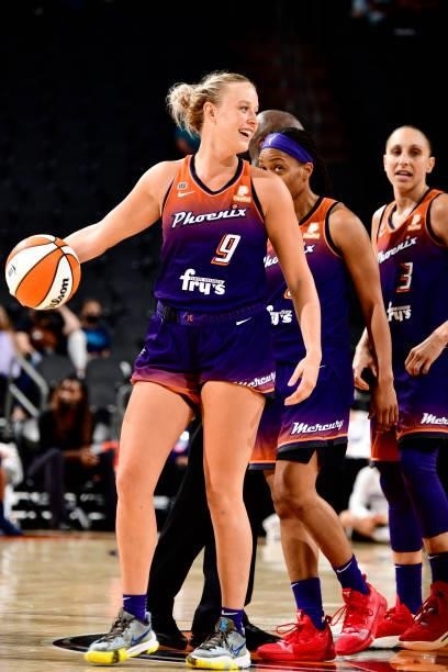 Sophie Cunningham of the Phoenix Mercury smiles during the game against the Indiana Fever on August 17, 2021 at Footprint Center in Phoenix, Arizona....