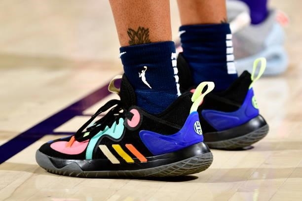 The sneakers of Victoria Vivians of the Indiana Fever during the game against the Phoenix Mercury on August 17, 2021 at Footprint Center in Phoenix,...