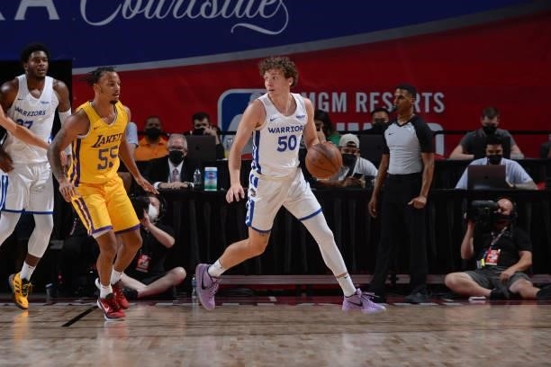 Kyle Guy of the Golden State Warriors handles the ball during the game against the Los Angeles Lakers during the 2021 Las Vegas Summer League on...