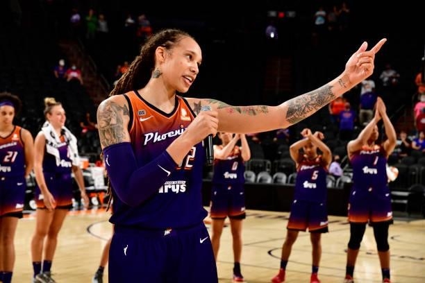 Brittney Griner of the Phoenix Mercury speaks to fans after the game against the Indiana Fever on August 17, 2021 at Footprint Center in Phoenix,...