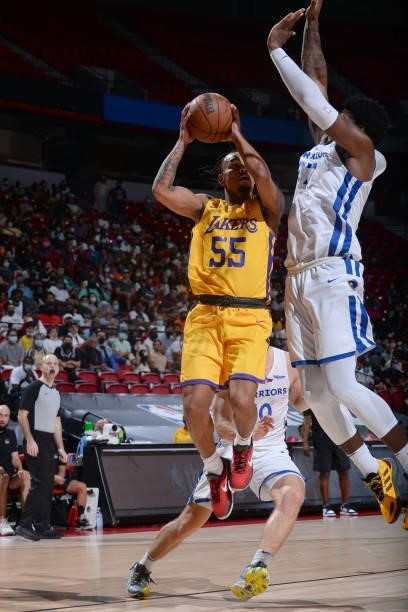 Justin Robinson of the Los Angeles Lakers drives to the basket against the Golden State Warriors during the 2021 Las Vegas Summer League on August...