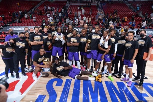 Group picture of the Sacramento Kings after winning the MGM Resorts 2021 Summer League Championship Trophy after the 2021 Las Vegas Summer League...