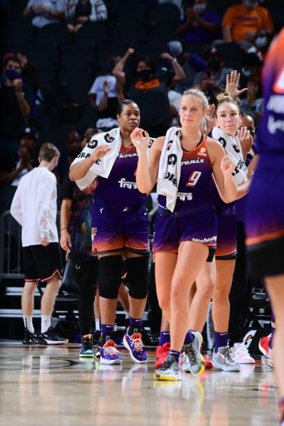 Sophie Cunningham of the Phoenix Mercury celebrates after the game against the Indiana Fever on August 17, 2021 at Footprint Center in Phoenix,...