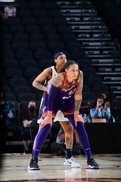 Brittney Griner of the Phoenix Mercury fights for position during the game against the Indiana Fever on August 17, 2021 at Footprint Center in...