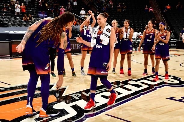 Diana Taurasi of the Phoenix Mercury smiles after the game against the Indiana Fever on August 17, 2021 at Footprint Center in Phoenix, Arizona. NOTE...