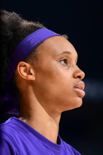 Brianna Turner of the Phoenix Mercury looks on before the game against the Indiana Fever on August 17, 2021 at Footprint Center in Phoenix, Arizona....
