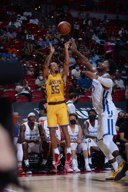 Justin Robinson of the Los Angeles Lakers shoots the ball against the Golden State Warriors during the 2021 Las Vegas Summer League on August 17,...
