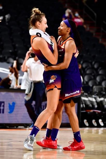 Alanna Smith of the Phoenix Mercury celebrates with teammate Shey Peddy after the game against the Indiana Fever on August 17, 2021 at Footprint...