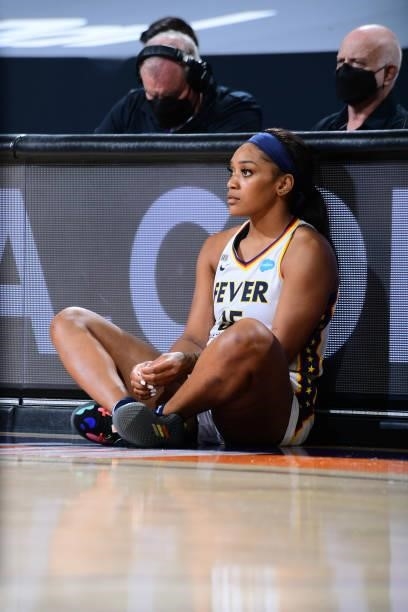 Victoria Vivians of the Indiana Fever looks on during the game against the Phoenix Mercury on August 17, 2021 at Footprint Center in Phoenix,...