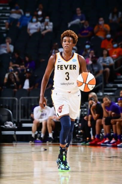 Danielle Robinson of the Indiana Fever handles the ball during the game against the Phoenix Mercury on August 17, 2021 at Footprint Center in...