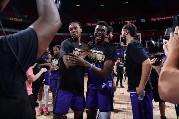 Louis King and Alex Antetokounmpo of the Sacramento Kings celebrate winning the MGM Resorts 2021 Summer League Championship Trophy after the 2021 Las...